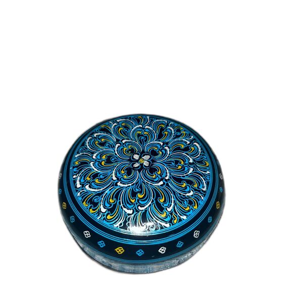 Black Lacquerware Wood Trinket Jewel Box Blue, White, Gold Etched Mandela Design - Picture 3 of 8